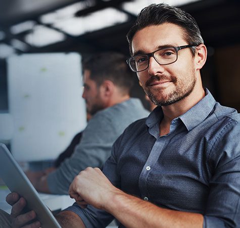 Corporate banner, web design and businessman with a tablet for programming