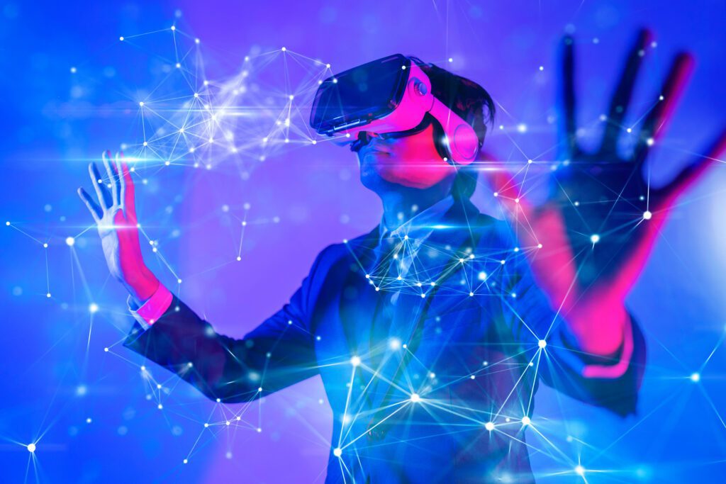 A person using virtual reality goggles on a blue and purple background.