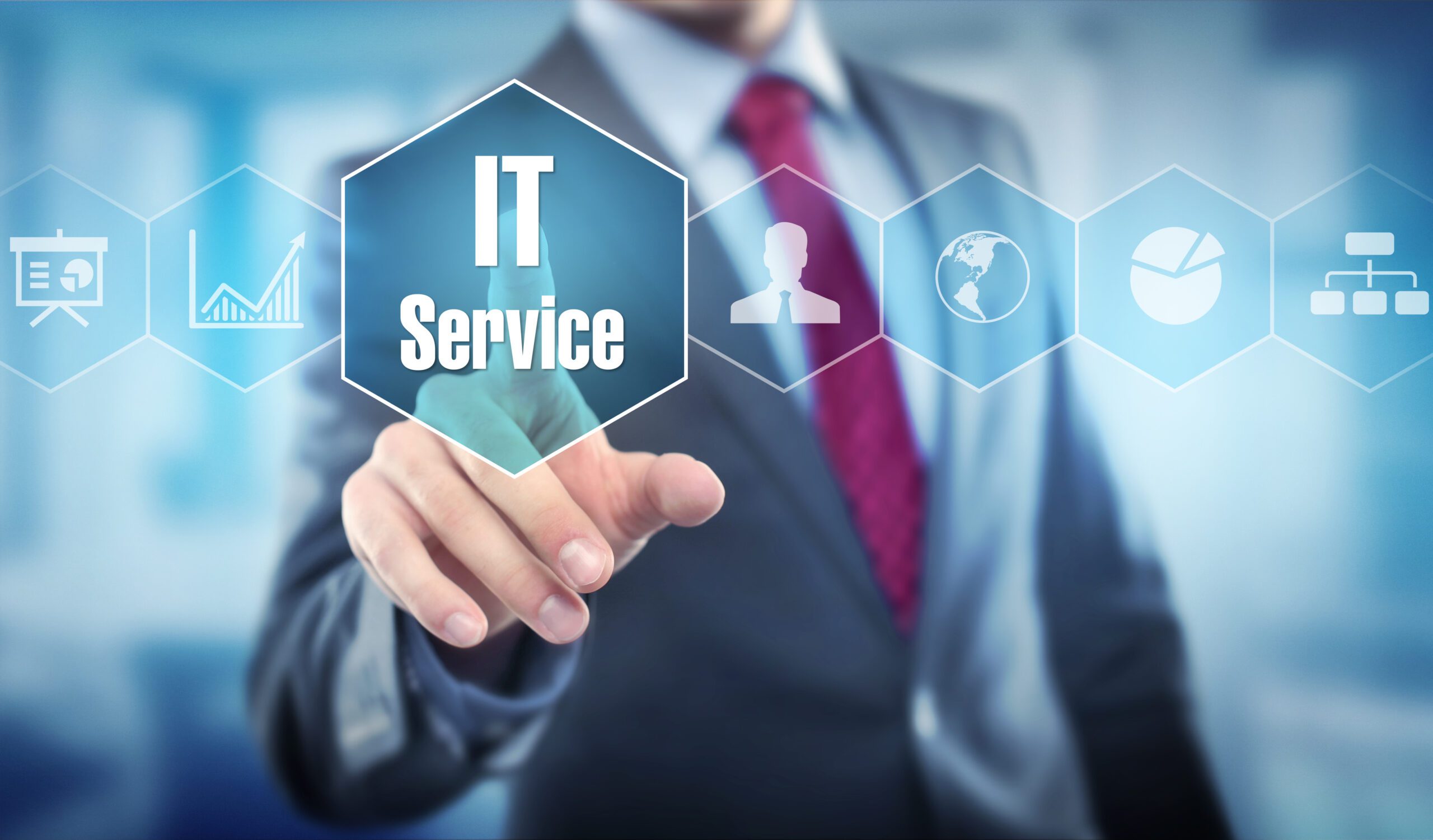 A man pointing at the IT service logo.
